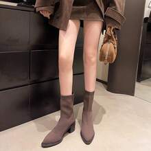 2025 Botas Elásticas Pretas Slim para Mulheres, Salto Grosso de Salto Alto Bico Fino Cor Sólida Marrom Botas Ankle, Estilo Ocidental Botas Curtas, Outono/Inverno