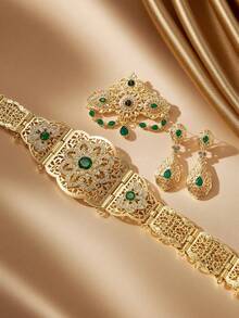 1set Morocco Belt & Crystal Brooch & Earring Set, Algerian Wedding Bridal Jewelry Gift