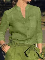 Women's Solid Color V-Neck Button-Up Blouse - Long Sleeve Casual Elegant Top With Decorative Pocket Detail For Festival Travel & Everyday, Spring Summer Fall Winter All-Season Essentials