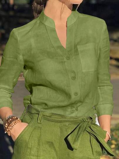 Blusa de mujer de unicolor con cuello en V y botones - Blusa casual elegante de manga larga con detalle de bolsillo decorativo para festival, viaje y uso diario, esencial para primavera, verano, otoño e invierno