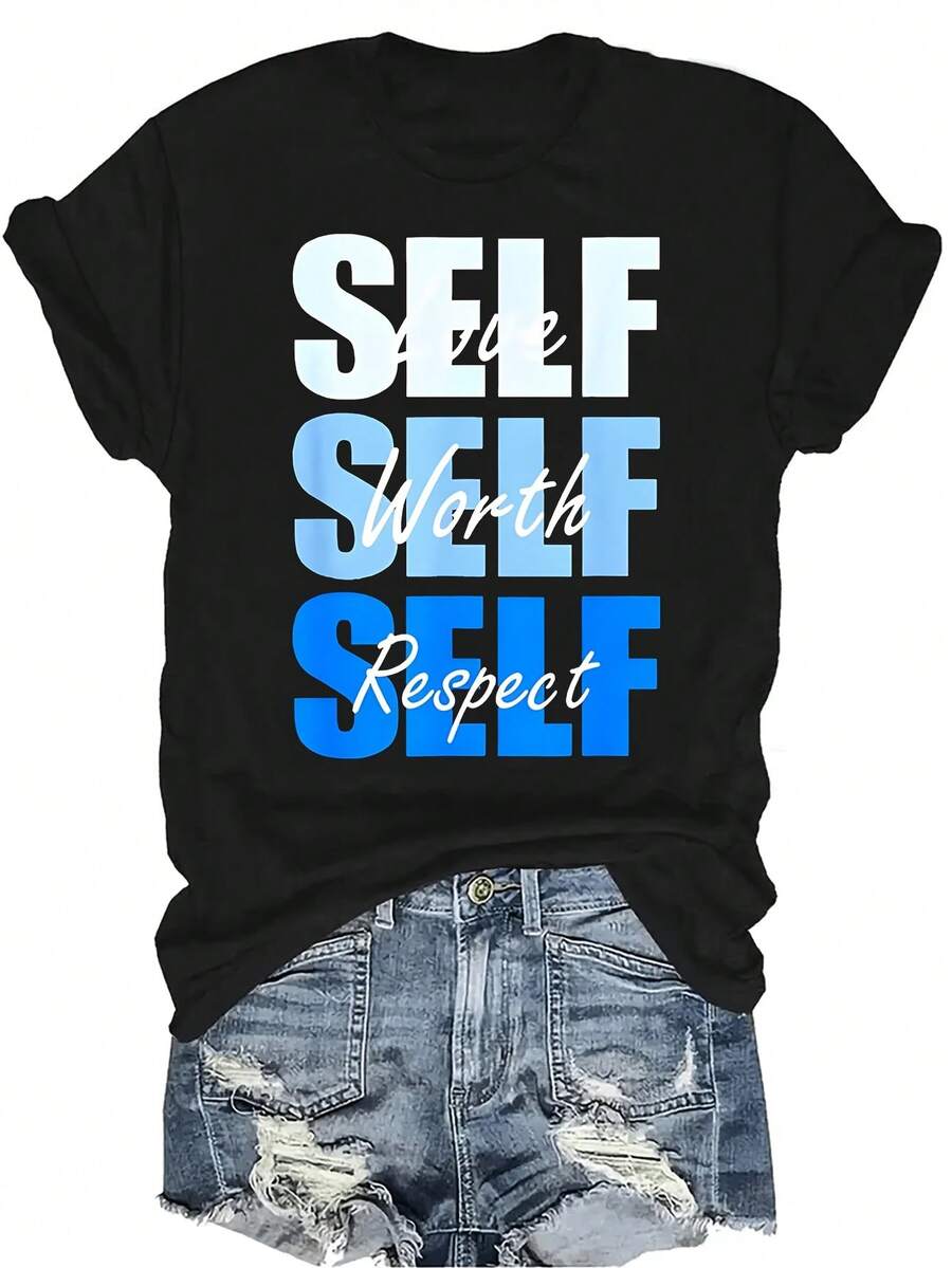 Camiseta de moda con estampado de letra, unisex, de verano, casual, transpirable, con personalidad, cuello redondo, manga corta, ropa de calle, versátil, adecuada para adolescentes y adultos - Negro - Ver 1