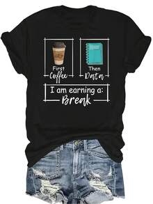 Primero café, luego datos. Me estoy ganando un descanso. Camiseta de café Unisex de verano, casual, transpirable, de personalidad, de cuello redondo, de manga corta, ropa de calle, versátil, adecuada para adolescentes y adultos - Negro - Ver 1