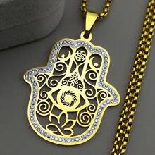 Hamsa Fatima's Hand Evil Eye Lotus Stainless Steel Necklace For Women Men Gold Color Rhinestones Islam Chain Arabic Jewelry