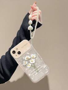 Shell Pattern Glitter Card + Heart Bracelet + Makeup Mirror + Floral TPU Phone Case Compatible With IPhone 11/12/13/14/14/15/15Pro/15Promax