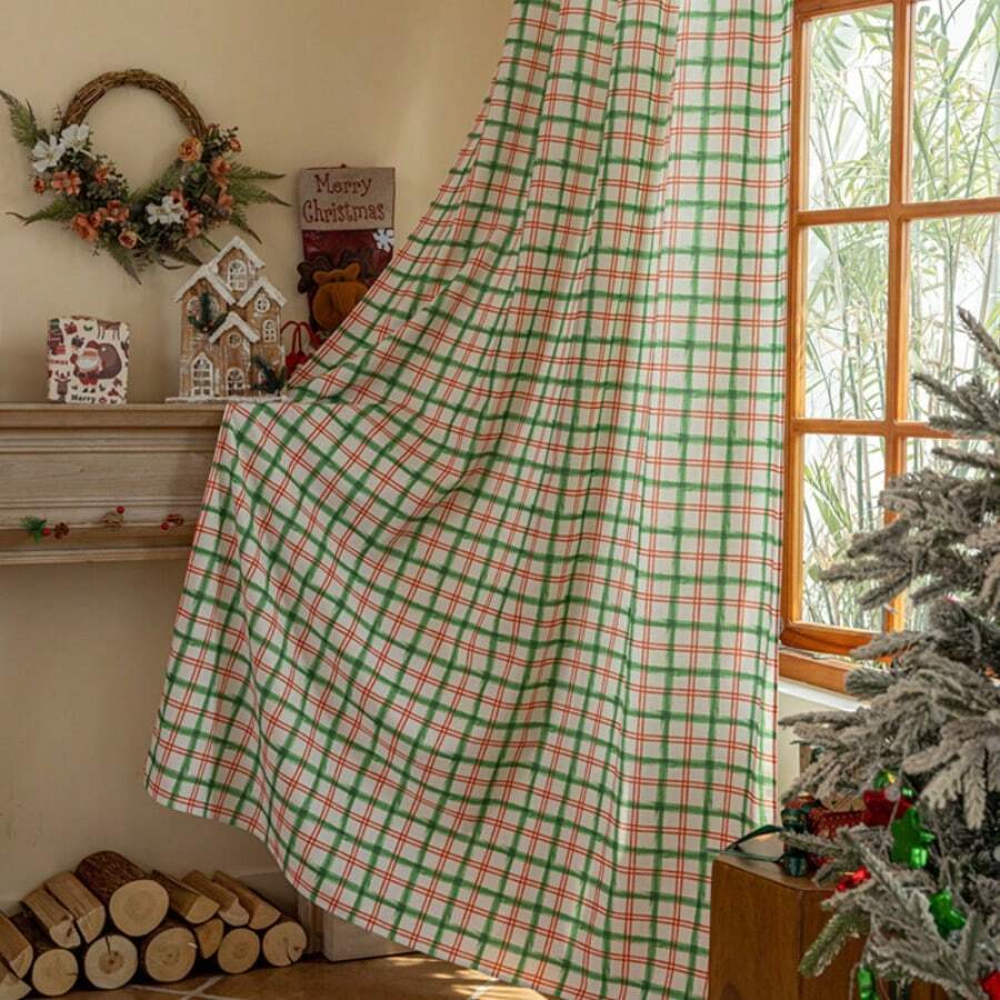 1pc Christmas Plaid Curtain, Nordic Minimalist Red & Green Line Grid ...