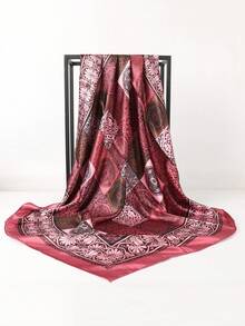 1pc Women's Retro Floral Print Satin Square Scarf, Outdoor Headband Bandana, Suitable For Spring/Summer For Dress - Red Violet - View 3