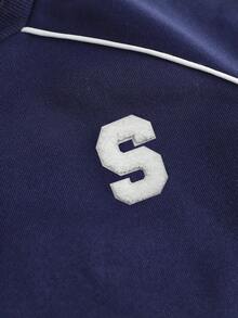 少女秋冬三件套，深蓝色字母图案长袖宽松上衣、背心和运动裤，美式休闲街头风。 - 藏蓝色 - 查看 5