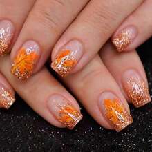 24 Pcs Fall Thanksgiving Orange Press On Nails Short Square - ZWENJIE Cute Glitter Fake Nails Press Ons Nail Art Tips With Autumn Leaves Lattice Design Full Cover Acrylic False Nails Glue On Nails Kit - Kiểu J08 - Xem 1
