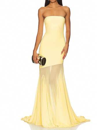 女士时尚奶油黄色露肩网眼拼布鱼尾长裙，性感修身浪漫优雅海滩派对礼服