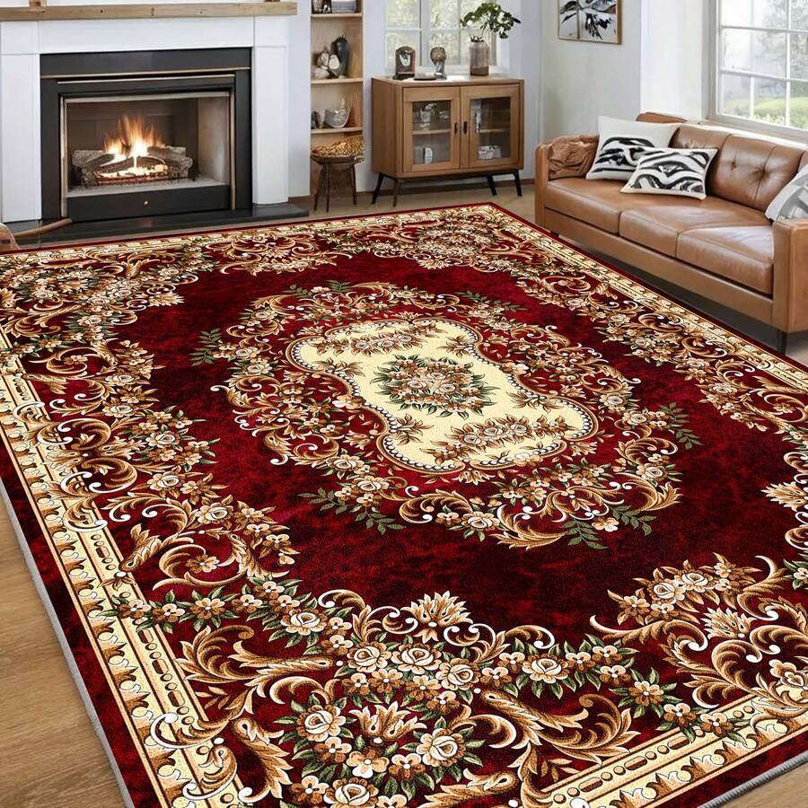 1 Piece Luxury Velvet Floor Mat - Bohemian Retro  Floral Pattern Design, Non-Slip And Machine Washable, 100% Polyester Fiber, Large Size (2. 16 Square Meters And Above), Suitable For Living Room And Bedroom High Traffic Areas, Dark Red And Gold Bohemian Floral Rug, For Living Room And Bedroom Decoration, Exquisite Floral Pattern, Soft Texture - Multicolor - View 1