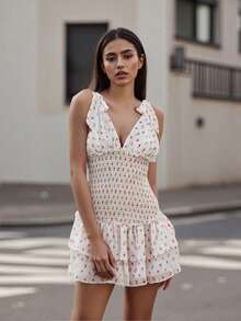 Vestido de gasa con estampado floral estilo dulce para mujer, escote en V con tirantes de lazo y cintura fruncida, dobladillo con volantes en capas, perfecto para citas y uso casual en primavera y verano - Multicolor - Ver 5