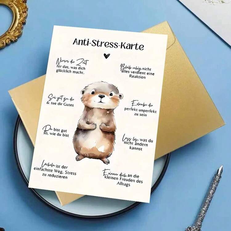 1 st. Verzachtende "Anti-Stress - Karte" Duitse kaart, schattige otter & kalmerende tips, papiermateriaal, geschikt voor familie en vrienden, uniek cadeau voor stressverlichting, inclusief envelop - veelkleurig - Bekijken 5