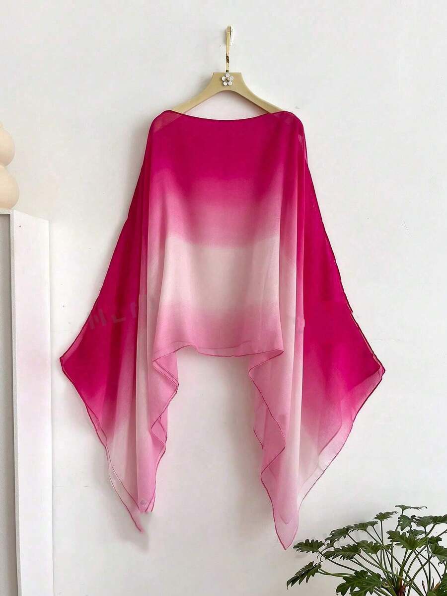 Poncho de unicolor elegante con degradado, capa ligera de mujer de gasa y perlas, chal decorativo versátil de moda para mujer para la playa, protección solar, viajes y uso diario