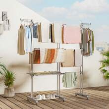 Oak&Tea Tour de séchage extensible en acier allié (74-147 cm) - 6 ailes pliables sur 3 niveaux, pliable et stable pour une utilisation intérieure/extérieure - Hauteur réglable jusqu'à 176 cm - Gris - Voir 2