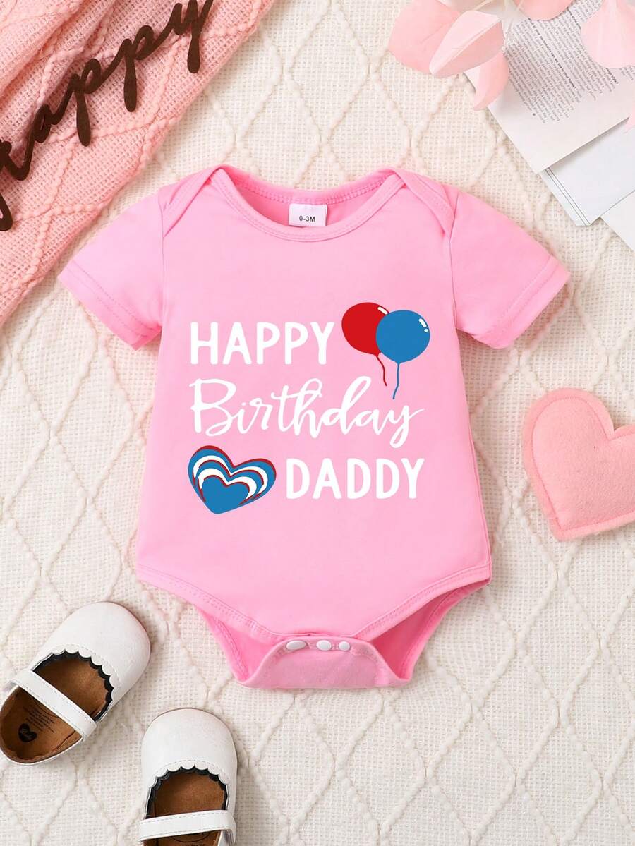 Pelele de manga corta casual con estampado de letras para bebé unisex - Rosa - Ver 1