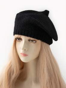 1 件女士时尚纯色蓬松针织贝雷帽，适合秋冬日常保暖和搭配 - A - 查看 12