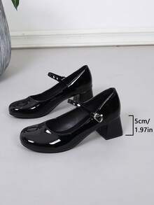 EAST ARCH 2026新款 T35-43EUR 瑪麗珍優雅高跟女鞋，晚禮服亮面合成皮革奢華質感粗跟圓頭高跟鞋，熱銷腳背扣帶低鞋口瑪麗珍女鞋，舒適適用室內外派對晚宴 - 黑色 - 查看 14