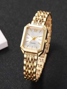 6pcs/Set Women's Gift Watch With Steel Band, Fashionable Square Roman Numeral Dial Quartz Wrist Watch + Heart Jewelry Set (Watch Box Not Included)