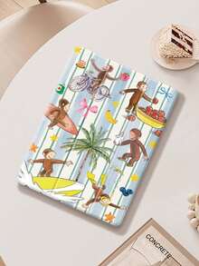 Blue And White Stripes And A Monkey IPad Case Compatible With IPad Air 4/5 10.9 Inch, IPad 7/8/9th 10.2 Inch, Built-In Pencil Slot Compatible With Samsung Tab S6 10.4 Inch, Tab A7 Lite 8.7 Inch, Ins Style Leather Case, Back To School, Valentine's Day, New Year Gift