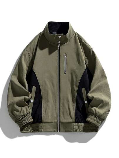 Plus Size Men's Stand Collar Jacket, Colorblock Fashion Casual Outerwear, Autumn/Winter