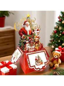 1PC Holiday Christmas Card, Retro 4-Layer Christmas Card With Santa Claus, Reindeer, And Tree Design - Red Paper Holiday Card With Envelope, Suitable For Friends And Family's Holiday Party Invitations, No Battery Required, Christmas Card Home Decor Christmas Decorations Room Decor Winter