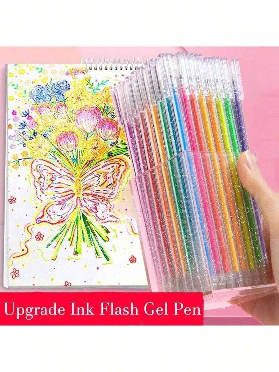 48色闪光凝胶笔，彩色中性笔，高品质文具，适用于日记、DIY相册、绘画，荧光笔，闪光笔，流沙变色笔，儿童文具