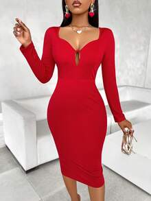 Vestido ajustado de manga larga con escote bajo, espalda abierta y lazo, corte recortado, unicolor, para citas y fiestas