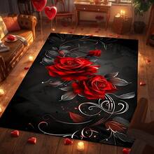 1pc Large Red Area - Elegant Floral With Dark Background, Non-Slip Backing Living Room, Bedroom, Valentine'S Day Decor - Indoor/Outdoor Floor Home, Hotel, Dining Room - Easy-Clean Polyester, Home Decor, Design - 黑色 - 查看 2