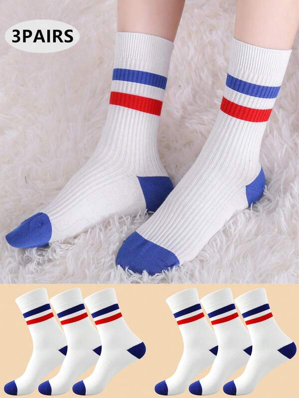 1/3Pairs Unisex Solid Plain Blue/Red Striped Socks Wicking And Suitable Leisure Anklet Crew Socks