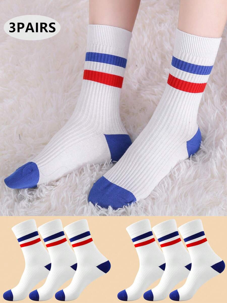 1/3Pairs Unisex Solid Plain Blue/Red Striped Socks Wicking And Suitable Leisure Anklet Crew Socks, Cozy Socks