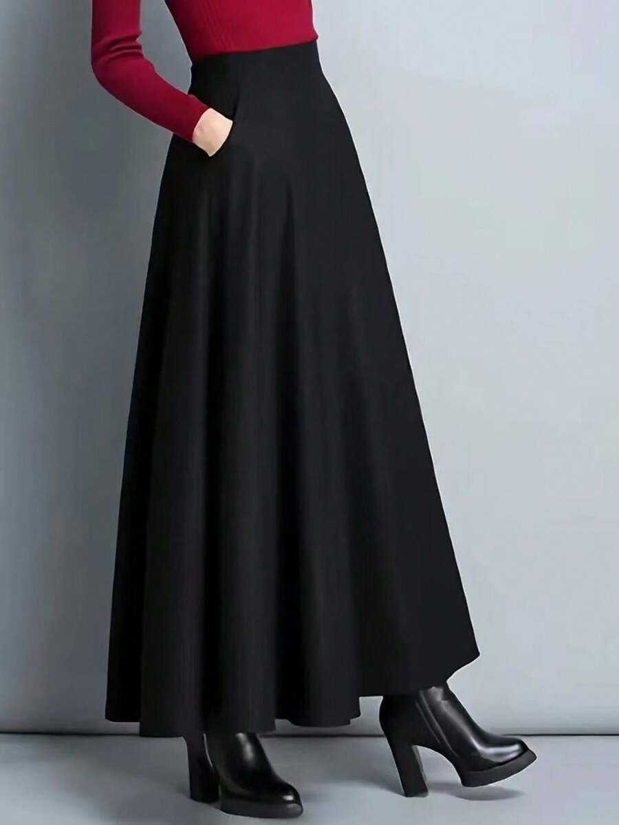 Chân váy maxi đen dáng chữ A cạp cao, thời trang và đa năng, phong cách Hàn Quốc, phù hợp cho mùa thu/đông xuân. - màu đen - Xem 1