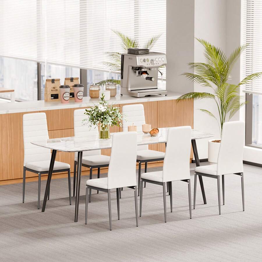 Modern Dining Room Accent Chairs Set Of 6, Upholstered Leather Side Chair For Dining Tables, Space-Saving Kitchen Table Chair With Thick Cushions And Metal Legs, White - Bộ 6 món đồ da nghệ thuật màu trắng - Xem 1