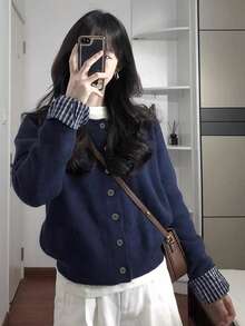 Navy Blue Round Neck Loose Patchwork Plaid Sleeve Cardigan For Women, College Style, Autumn/Winter