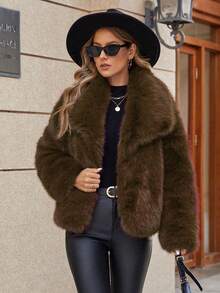 ZIAI ZIAI Women's Vintage Style Open Front Faux Fur Collar Coat, Fashionable Loose Casual Long Sleeve Lapel Jacket Winter Thick Warm Outerwear Oversize Style For Winter