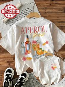 [Double-Sided Printing Front And Back] Illustration Style Aperol Cocktail T-Shirt With Letter Print, Loose, Casual, Round Neck, Top For Women - White - View 7