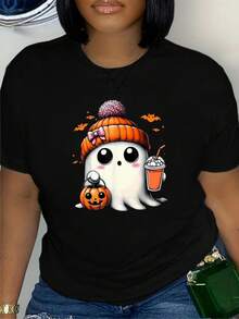 Mujer Camiseta de  México Halloween Casual Versátil Cómodo y EleganteT-shirt negro con diseño atractivo de fantasma de Halloween, con gorro de calabaza con pompon rosa y bow, portando bolsa de calabaza y una bebida para disfrutar en la fiesta - Negro - Ver 1