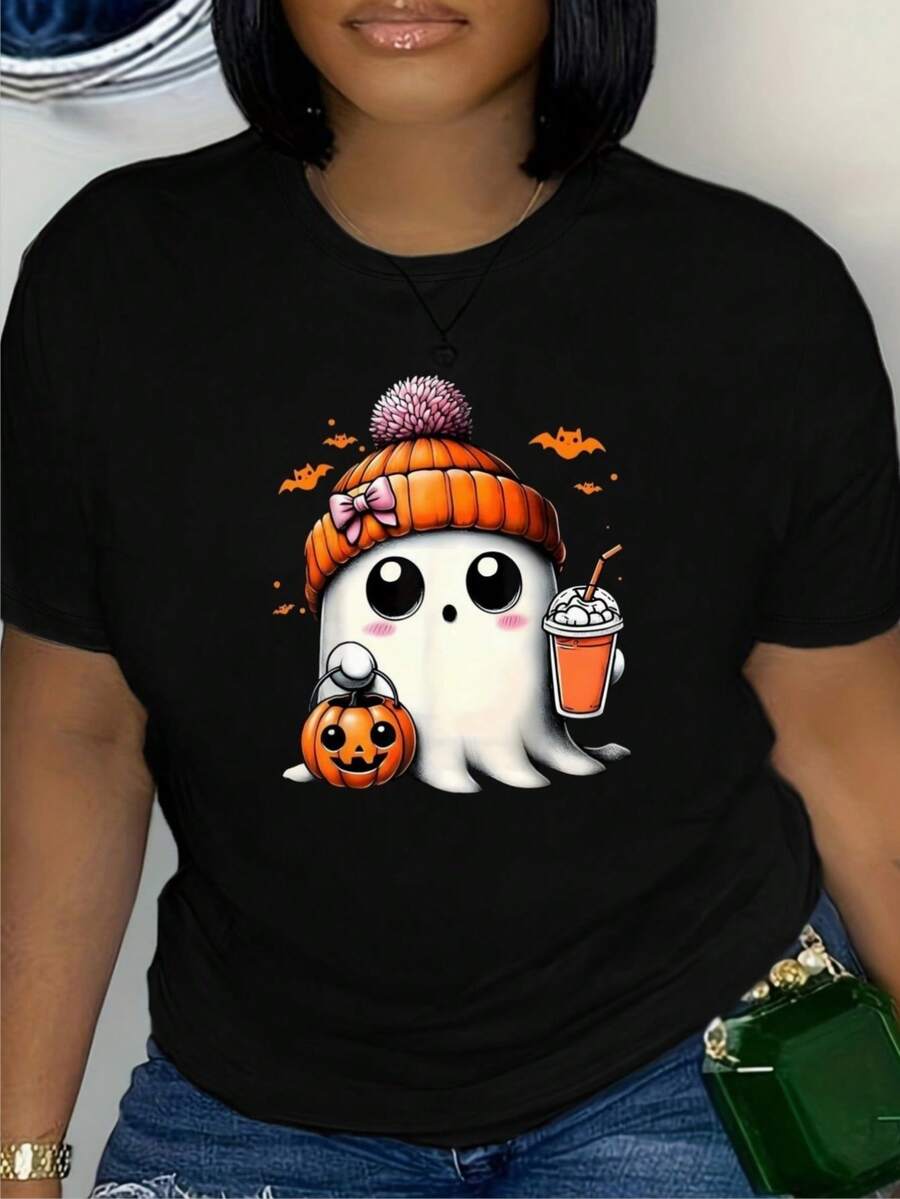 Mujer Camiseta de México Halloween Casual Versátil Cómodo y EleganteT-shirt negro con diseño atractivo de fantasma de Halloween, con gorro de calabaza con pompon rosa y bow, portando bolsa de calabaza y una bebida para disfrutar en la fiesta - Negro - Ver 1