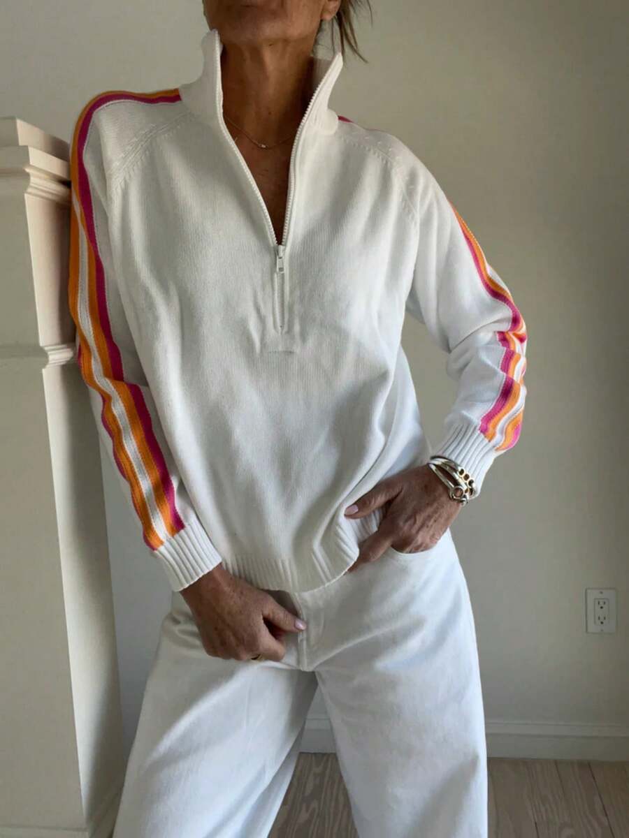 Women's Letters Half Zipper Collared Long Sleeve Knit Sweater Top Fall Winter - White - View 1