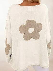 Áo len nữ cỡ lớn thanh lịch họa tiết hoa, dáng rộng, cổ tròn, vai rớt, tay dài, kiểu dáng Châu Âu & Mỹ, thích hợp cho Giáng sinh, Xuân/Thu. Màu trắng. - trắng - Xem 3