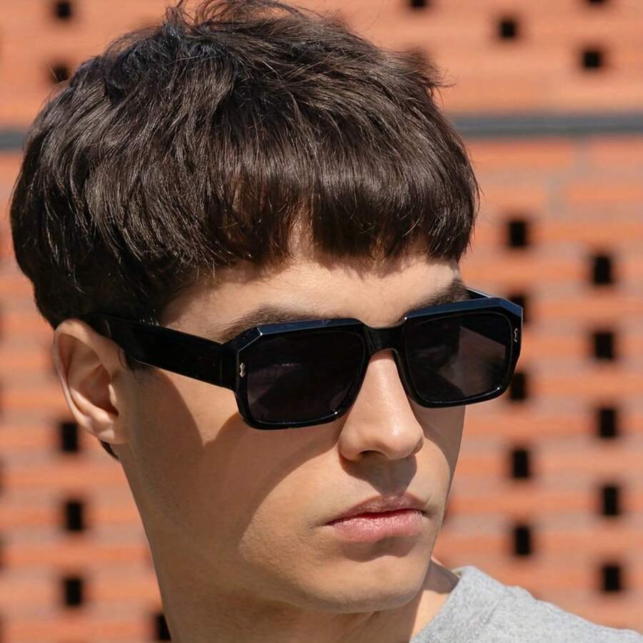 1pc Men's Square Frame Fashion Glasses With Rivets - Black - View 1