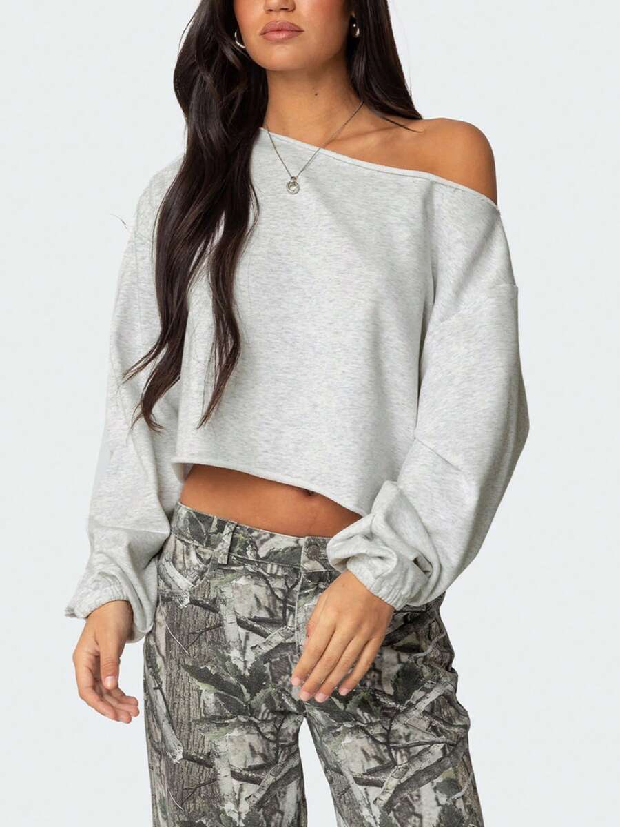 Womens Off Shoulder Sweatshirt Drop Shoulder Oversized Long Sleeve Pullover Top Going Out Y2k Shirts - Xám - Xem 1