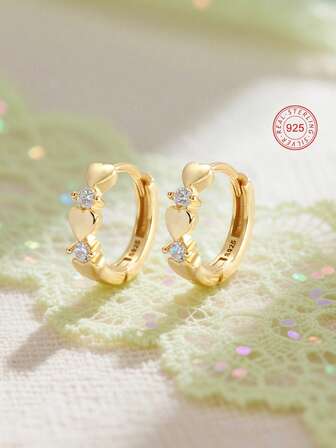 Artepollo 1 Pair 925 Sterling Silver Hypoallergenic Cubic Zirconia Small Heart Hoop Earrings For Children, Gift Box, Gift For Young Girls, Back To School