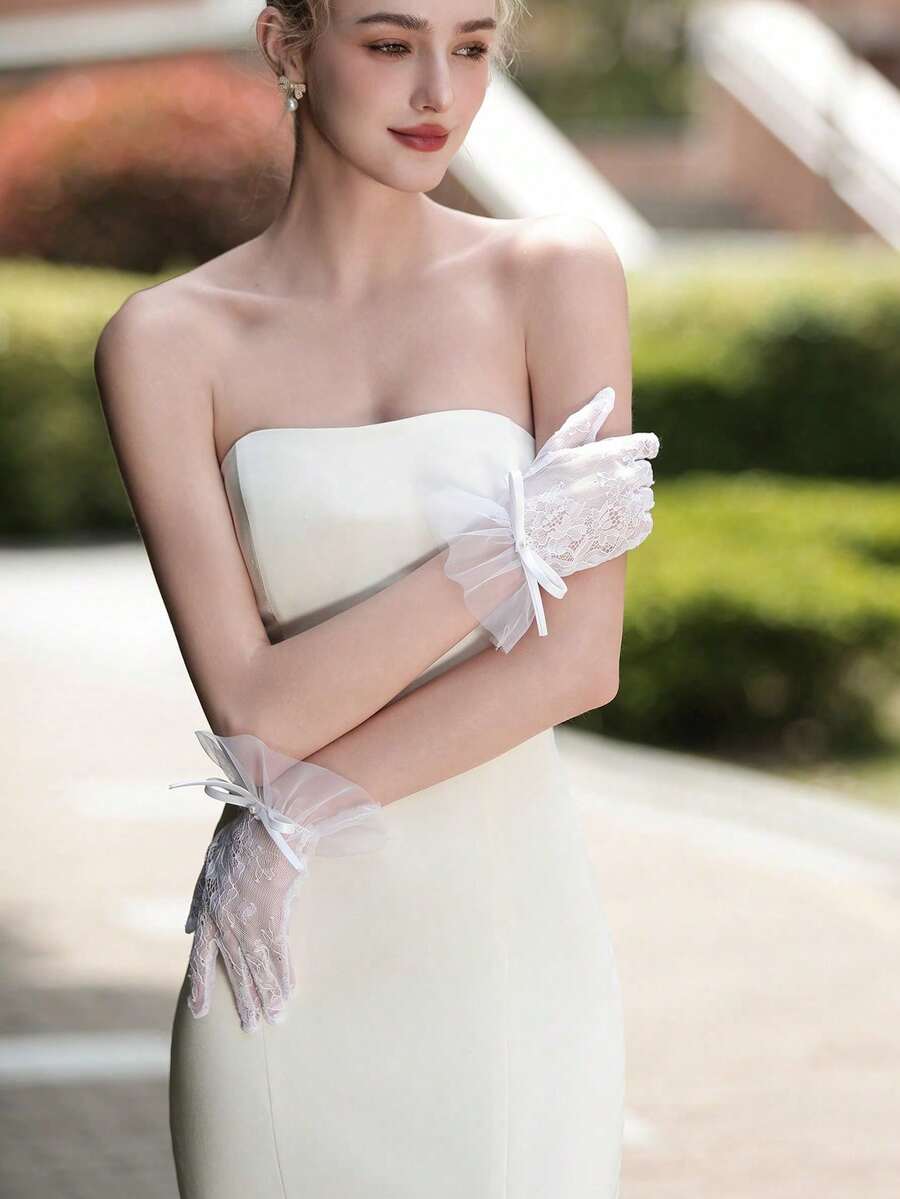 1 paire de gants de mariée 3D français avec nœud, gants en dentelle romantiques, accessoire de mariage, accessoire décoratif polyvalent pour vêtements d'automne pour femmes, accessoires de la Saint-Valentin - Gants à nœud en dentelle - Voir 1
