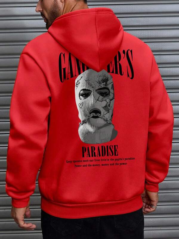 Men's Street Vintage Balaclava Slogan Print Hoodie Gangster's Element Design Men's Hoodie, Fall