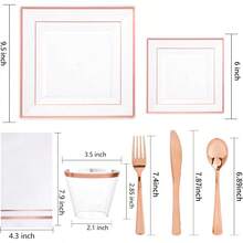 350Pcs Rose Gold Plastic Plates Clear Rose Gold Disposable Dinnerware Sets For 50Guests Include 100 Plates 50 Cups 50Plastic Cutlery 50Napkins Perfect For PartyWeddingMother's Day - 方形透明玫瑰金 - 查看 2