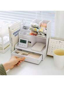 1个桌面DIY笔筒收纳盒，多功能办公文具整理盒，大容量木质塑料笔筒，学生适用 - 白色 - 查看 5