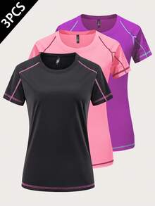 3 Packs: Women's Dry Fit Tech Stretch Short-Sleeve Crew Neck Athletic T-Shirt - Black - View 2