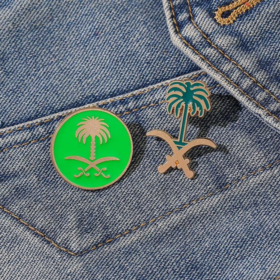 New National Flag Emblem & Date Palm Tree Brooch, Minimalist Plant Lapel Pin Accessory - Multicolor - View 1