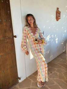 Women's Elegant Printed Elegant V-Neck Lantern Half Sleeve A- Line Dress