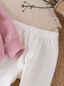 2pcs Baby Girls' Cute Knitted Floral Long Sleeve Top And Colorblock Leggings Set, Spring/Autumn - Pink - View 8